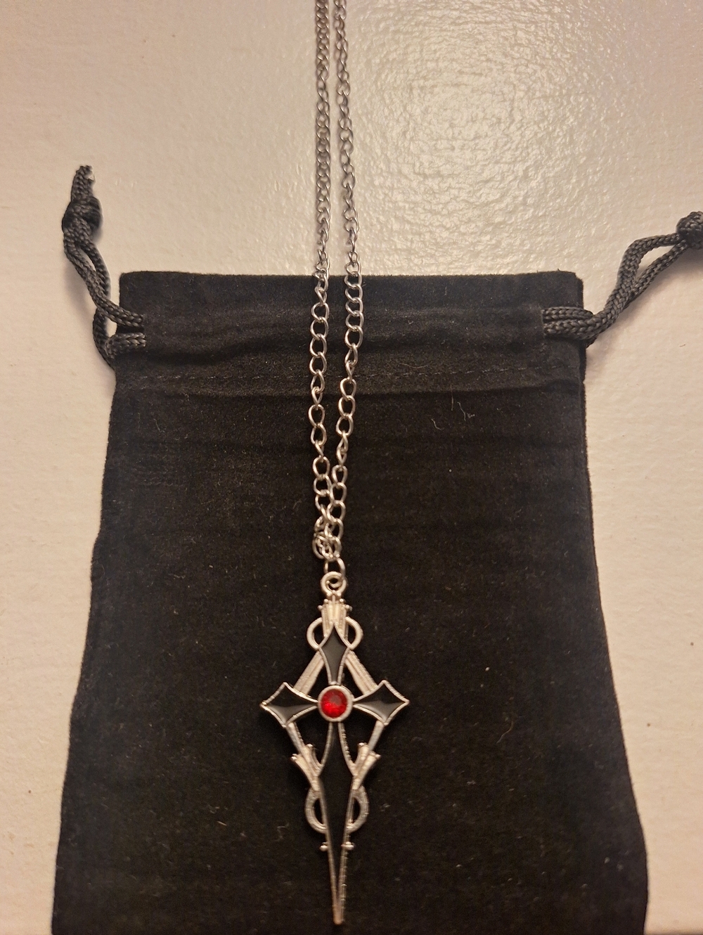 Silver-tone Gothic Cross Pendant Necklace with Red Gem